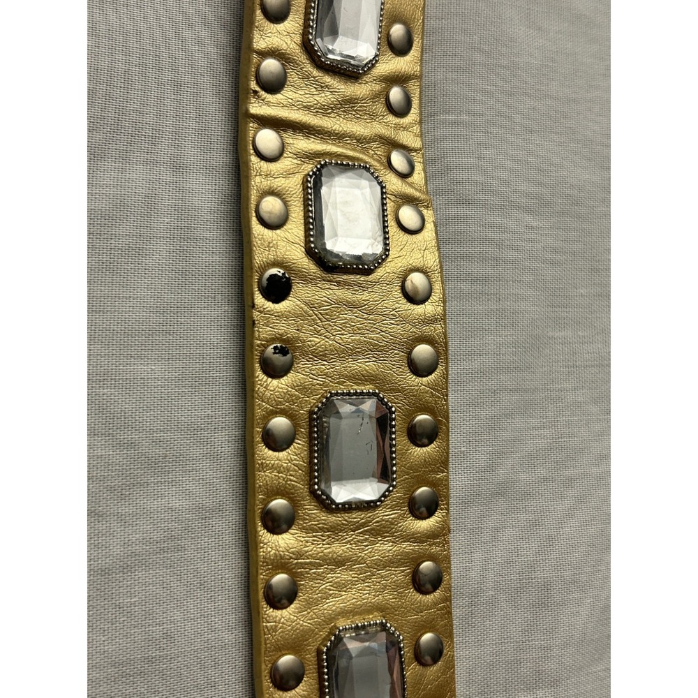 Gold Metallic Leather Studded Crystal Belt Silver Buckle Y2K Glam Boho 40 Inch - Picture 6 of 7